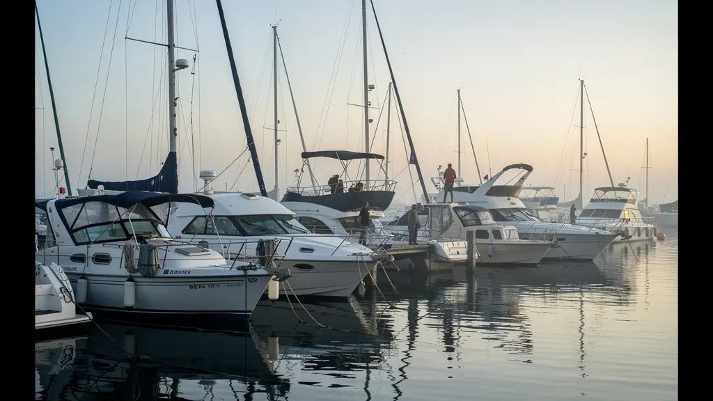 Différents types de navires de plaisance (voiliers et vedettes) amarrés dans un port