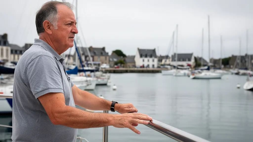 Plaisancier sur pont de voilier (immatriculation navire) dans port breton