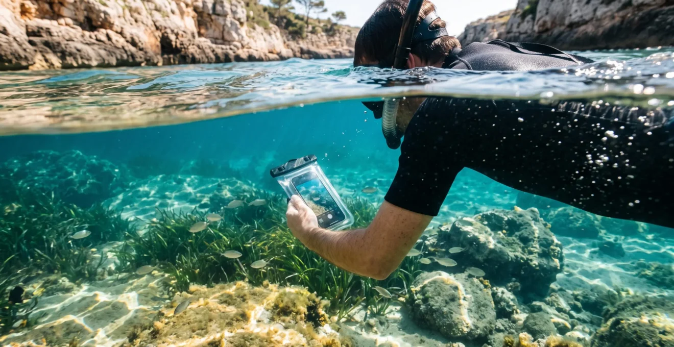 Une personne en snorkeling photographie des fonds marins avec un smartphone protégé par une pochette étanche transparente.