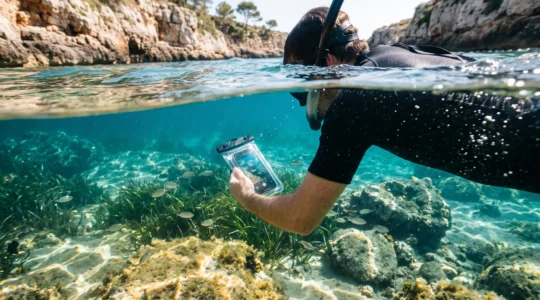 Une personne en snorkeling photographie des fonds marins avec un smartphone protégé par une pochette étanche transparente.