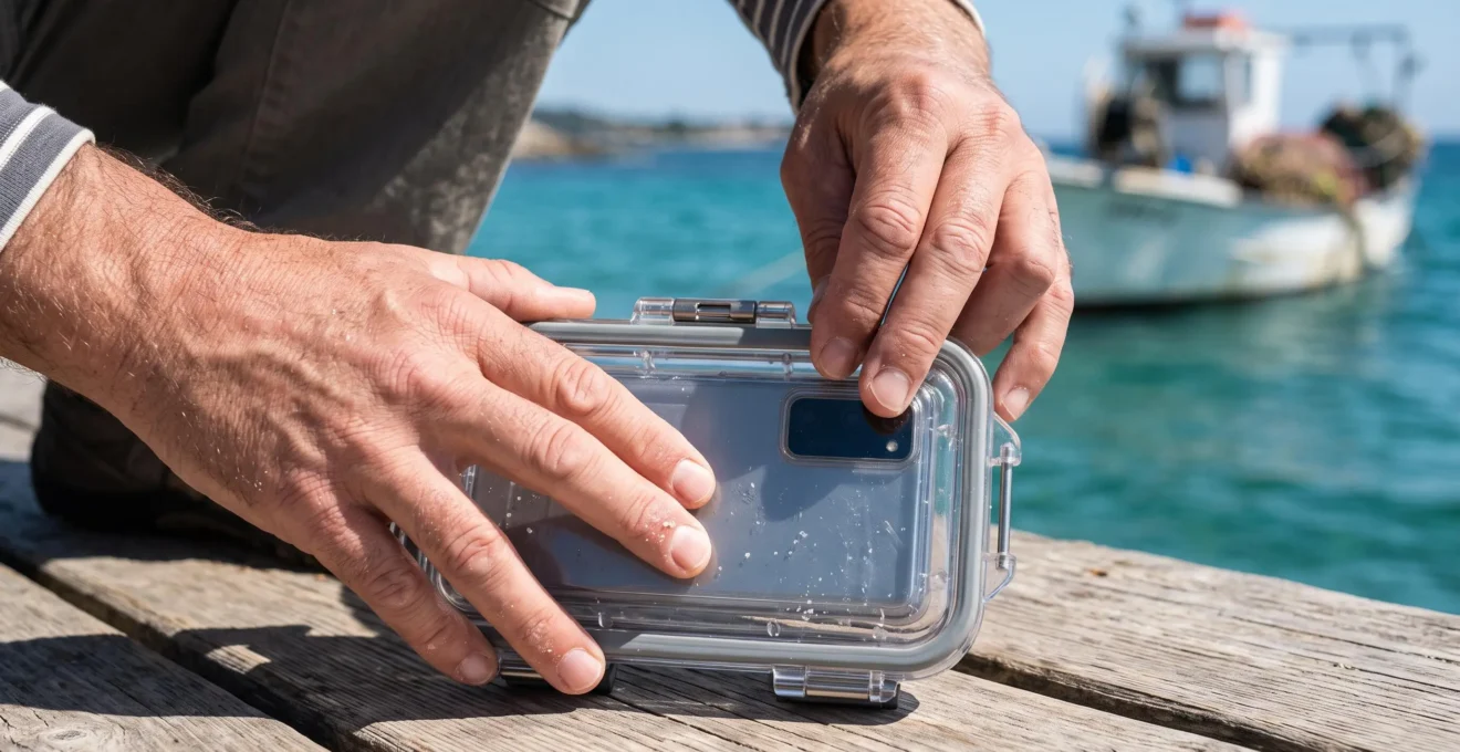 Des mains vérifient le joint en caoutchouc d'un caisson étanche avant d'y insérer un smartphone sur un ponton.